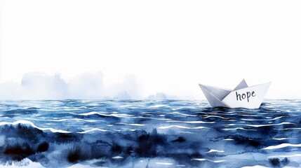 A simple white paper boat, with the word "hope" written on its side, sails across a vast expanse of deep blue water with white-capped waves.