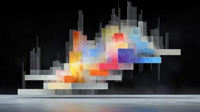 An abstract composition of colorful rectangular blocks and thin vertical lines arranged in a layered, architectural style against a dark, textured background.