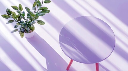A minimalist scene featuring a green potted plant and a round table, illuminated by dappled light creating striped shadows.