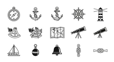 Nautical icons collection exploring adventure, navigation, and maritime journeys with compass, anchor, ship, lighthouse, and telescope symbols © ahmad