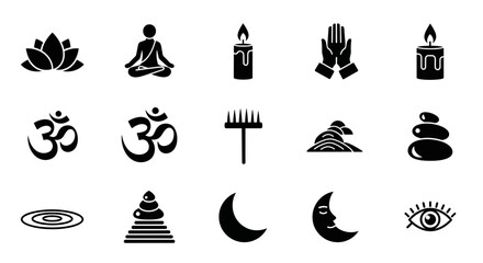 Discover serenity and mindfulness with this collection of calming icons featuring meditation, yoga, om symbols, candles, and zen stones for wellness and spiritual projects.