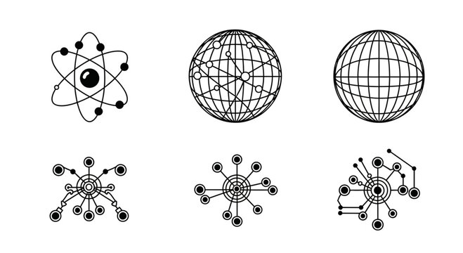 Dynamic network connections and atomic structures represent innovation, science, and global communication for modern technology concepts.