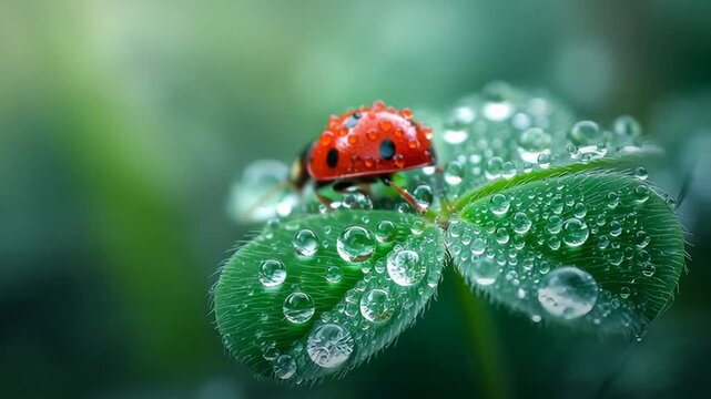 A ladybug sits on a clover leaf covered in water droplets, creating a vibrant and refreshing scene.