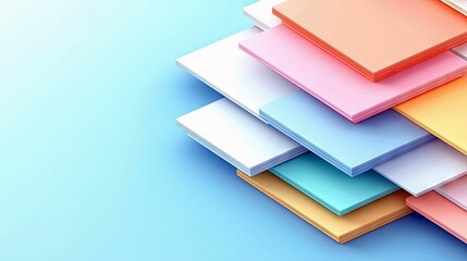 A stack of colorful square paper sheets arranged in a diagonal pattern on a solid light blue background.