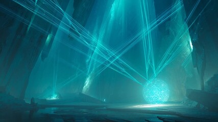 Futuristic cavern with glowing orb and blue light beams. - Powered by Adobe