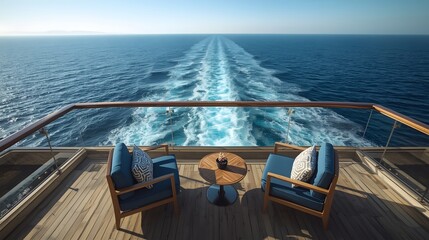 Serene cruise ship deck view with two chairs facing open ocean and long wake trail, peaceful vacation atmosphere under clear sky toward the endless horizon