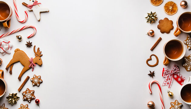 Festive Christmas gingerbread, candy canes, and hot cocoa create a cozy holiday mood, perfect for seasonal promotions and heartwarming designs now