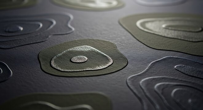 Embossed topographic map contours with metallic sheen