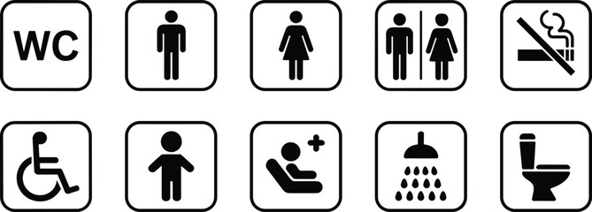 Modern public facility icons showing restroom signs, accessibility symbols, hygiene services, smoking restriction, baby care, shower area, and toilet symbols, isolated