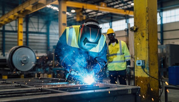 Male welder in safety gear sparks and smoke while working on metal structure in industrial factory - Powered by Adobe