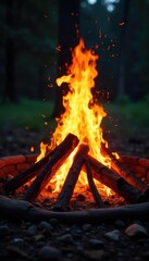 Blazing new campfire, glowing embers, fresh wood crackling Perfect for themes of new beginnings, energy, and revitalization Shot at golden hour for a warm, inviting feel , dusk, fresh