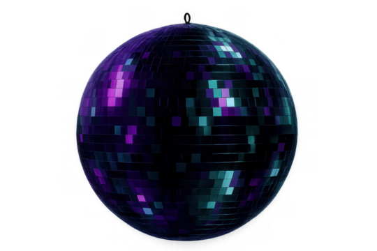 Disco ball reflecting purple and teal light, creating a dynamic party atmosphere, nightclub element transparent background