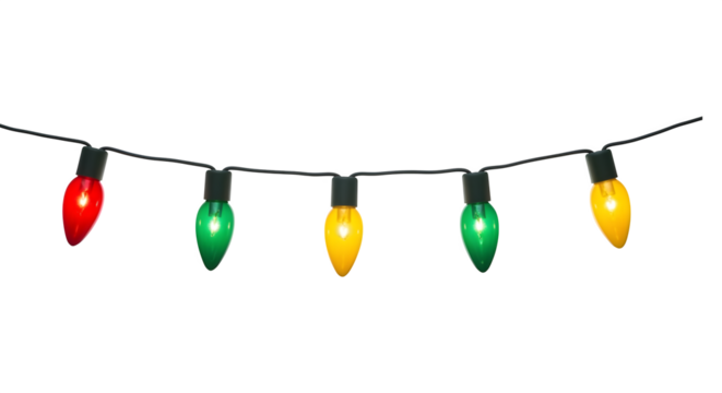 Colorful christmas lights string decoration isolated on transparent background
