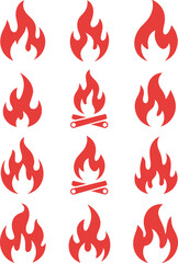 Red Fire and Flame Icons Set: various burning symbols, including bonfire and heat elements for energy, danger, warmth, and cooking concepts, isolated vector illustration.