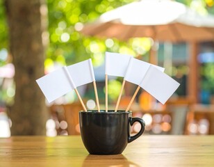 Coffee Mug with White Location Flags on Outdoor Wooden Table, Copy Space