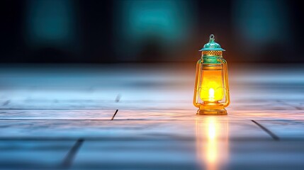 A vintage oil lantern with a bright flame sits on a wooden surface, its warm light reflecting on the floor.