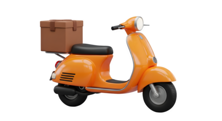 Orange scooter with delivery box isolated on transparent background