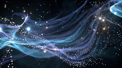 Abstract cosmic background with glowing particles and flowing light trails. - Powered by Adobe