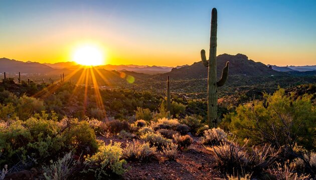 A vibrant sunset over a desert landscape, illuminating the terrain with golden hues. Saguaro cacti stand tall, silhouetted against the sky