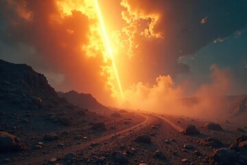 A sunbeam cuts through a dusty, atmospheric landscape, illuminating particles in its path The beam shows the visual representation of a radiation path through the air , contrast, aerial view