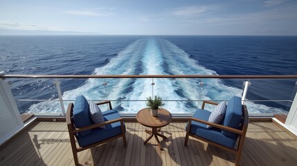 Serene cruise ship deck view with two chairs facing open ocean and long wake trail, peaceful vacation atmosphere under clear sky toward the endless horizon