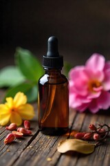 Close-up of a bottle of essential oil with a dropper, sitting on a smooth, dark wooden surface, surrounded by natural elements like dried flowers and leaves , personal care, serenity, wood