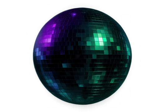 Disco ball with shiny reflective mosaic surface shimmering in purple and green light, creating a party atmosphere