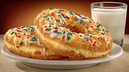 Top-down e-commerce shot: two rich chocolate sprinkle donuts with milk on white plate, soft beige light, easy isolate, ideal for delivery listing, snack pack, promo banner