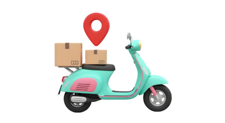 Turquoise scooter with delivery boxes and location pin isolated on transparent background