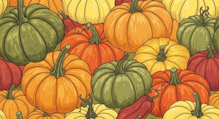 Autumnal pumpkin patch seamless pattern featuring vibrant orange green and yellow color palette