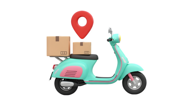 Turquoise scooter with delivery boxes and location pin isolated on transparent background