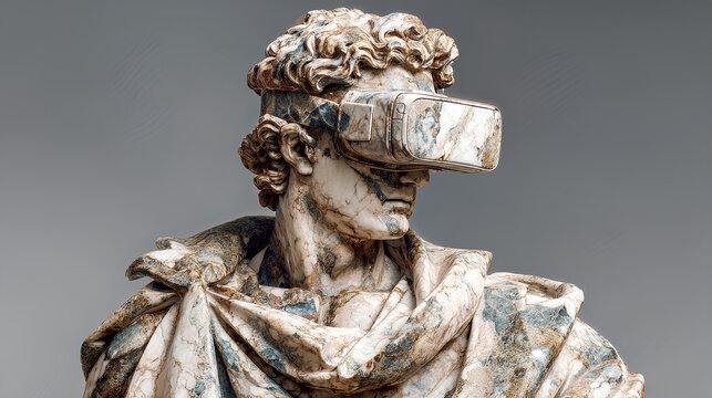 Isolated Marble Bust Wearing VR Headset