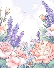 diverse wellness community - Elegant Pastel Floral Illustration with Peonies and Lavender - eco friendly lifestyle illustration