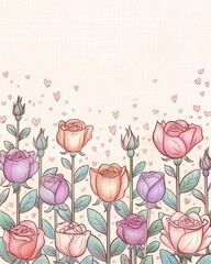 serene landscape aesthetic - Whimsical Pastel Rose Garden with Hearts Illustration - smart home atmosphere illustration