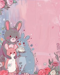 modern minimalist art - Cute Cartoon Bunnies with Floral Background in Pastel Colors - future work culture illustration