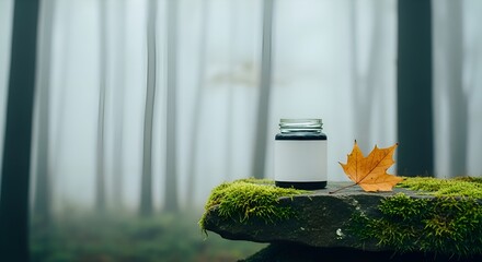 Glass Jar with White Label on Mossy Rock in a Foggy Forest