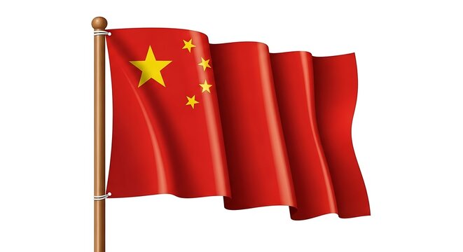 The flag of the People's Republic of China waving majestically against a clean white background, symbolizing national pride and heritage