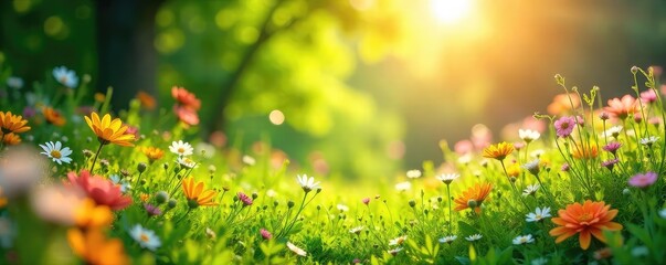 A vibrant summer scene filled with bright sunlight illuminating lush green foliage and blooming flowers, promising warmth and joy , freshness, outdoor, vibrant colors