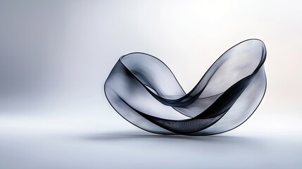 A delicate, dark mesh sculpture with flowing, curved lines is showcased against a softly lit, neutral background.