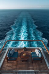 Serene cruise ship deck view with two chairs facing open ocean and long wake trail, peaceful vacation atmosphere under clear sky toward the endless horizon