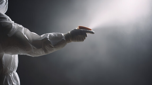 decontamination. A white hazmat suit being sprayed with mist in a clean room. safety posters, maintenance manuals, designed for precision metalworking and fabrication facilities.
