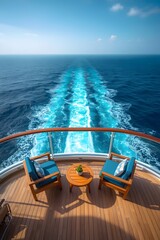 Serene cruise ship deck view with two chairs facing open ocean and long wake trail, peaceful vacation atmosphere under clear sky toward the endless horizon