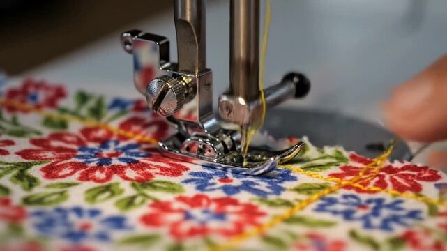 Close-up of sewing machine stitching floral fabric