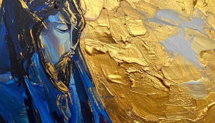Obraz premium Jesus Christ with Radiant Halo, dressed in a robe, Abstract Acrylic Painting in Blue and Gold.