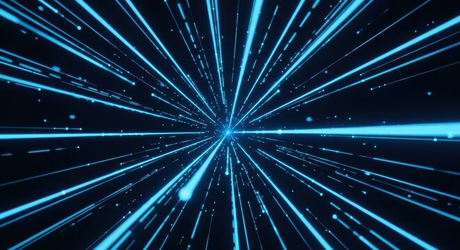 Azure light streaks converge to a center point, creating a dynamic digital space atmosphere