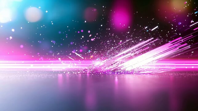 A dynamic abstract composition featuring streaks of bright pink and blue light exploding outwards with numerous small sparkles against a dark background.