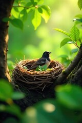 Serene bird's nest nestled amongst lush green leaves, sunlight dappling through the foliage Perfect for nature, spring, or home decor projects , garden, serenity