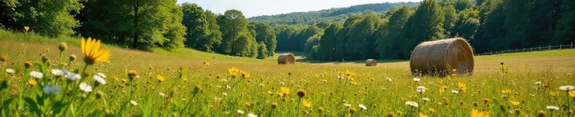 Sun-dappled meadow, wildflowers interspersed with drying haystacks, a rustic wooden fence in the background Lush green forest edge provides a backdrop to this idyllic summer scene , rural, nature