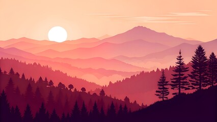 "Sunset Mountain Landscape Forest Silhouette Art