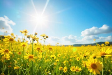 Radiant sunshine illuminates a bright yellow field of wildflowers, conveying a cheerful and optimistic mood Perfect for themes of happiness, positivity, and summer , positive, wildflowers, optimistic